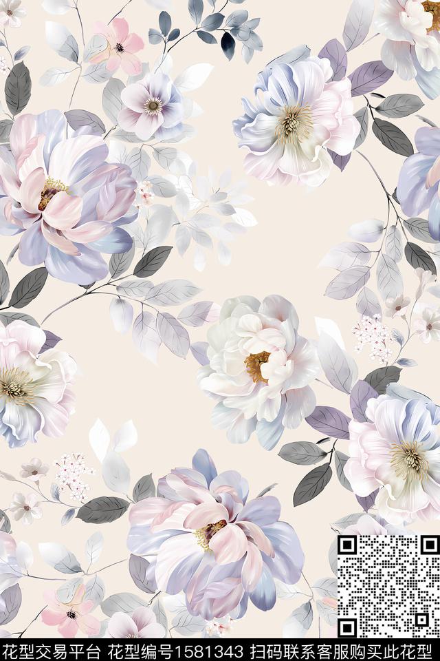 花卉连衣裙水彩花卉数码印花花型下载（图片编号: 1581343） - 瓦栏（Walan）