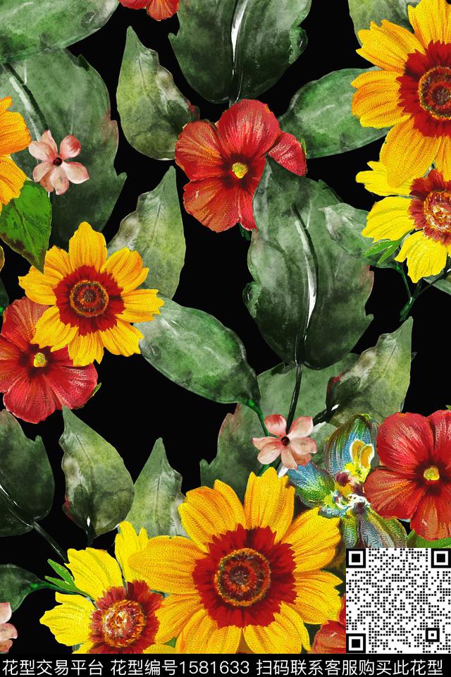 花卉大花黑底花卉数码印花花型下载（图片编号: 1581633） - 瓦栏（Walan）