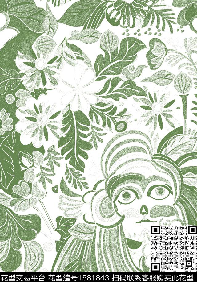 抽象花卉人脸数码印花花型下载（图片编号: 1581843） - 瓦栏（Walan）