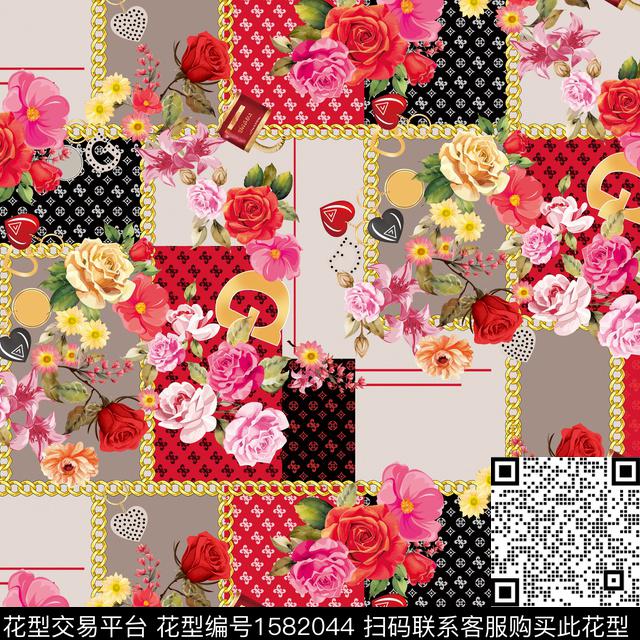 花卉定位民族纹样数码印花花型下载（图片编号: 1582044） - 瓦栏（Walan）