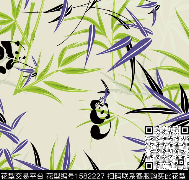竹叶竹子熊猫数码印花花型下载（图片编号: 1582227） - 瓦栏（Walan）