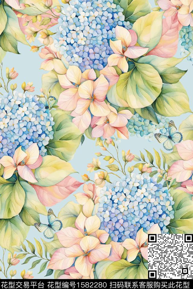 花卉女装绣球花数码印花花型下载（图片编号: 1582280） - 瓦栏（Walan）