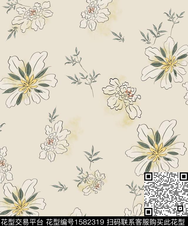 花卉连衣裙线条花数码印花花型下载（图片编号: 1582319） - 瓦栏（Walan）
