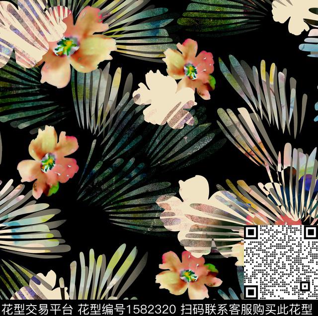 黑底花卉花卉水彩花卉数码印花花型下载（图片编号: 1582320） - 瓦栏（Walan）