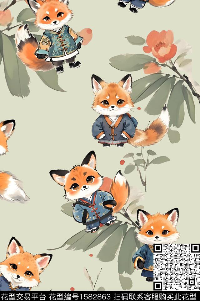 中国风卡通动物水墨风数码印花花型下载（图片编号: 1582863） - 瓦栏（Walan）