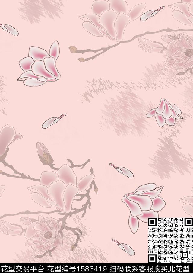花卉玉兰花中国风数码印花花型下载（图片编号: 1583419） - 瓦栏（Walan）