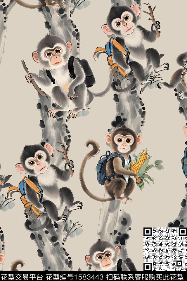 中国风水墨风猴子数码印花花型下载（图片编号: 1583443） - 瓦栏（Walan）