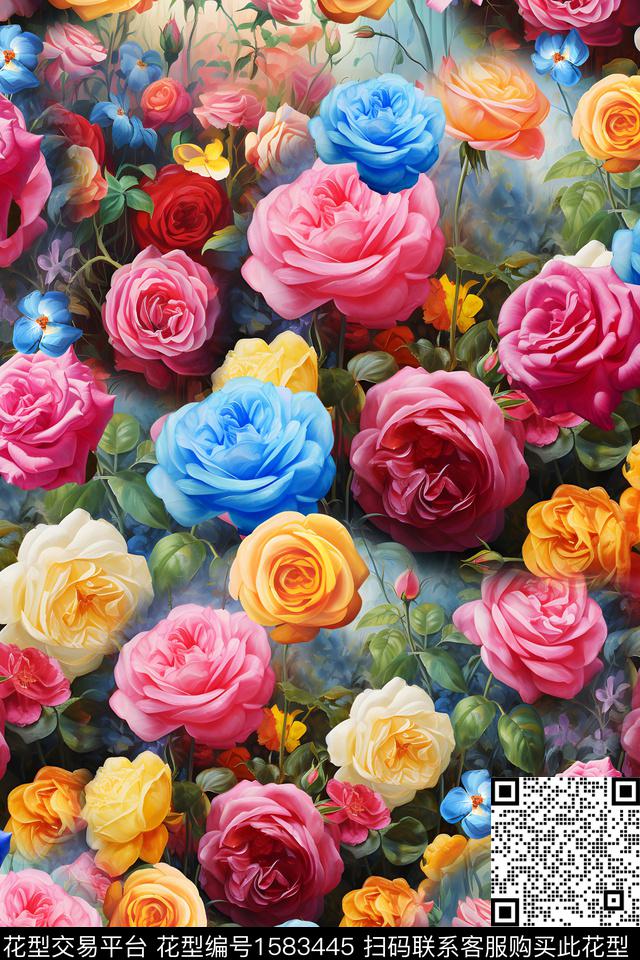 花卉满版散花数码印花花型下载（图片编号: 1583445） - 瓦栏（Walan）