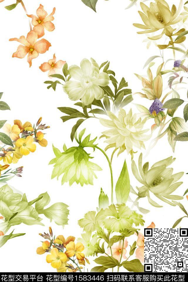 春夏花型花卉浅色底花型数码印花花型下载（图片编号: 1583446） - 瓦栏（Walan）