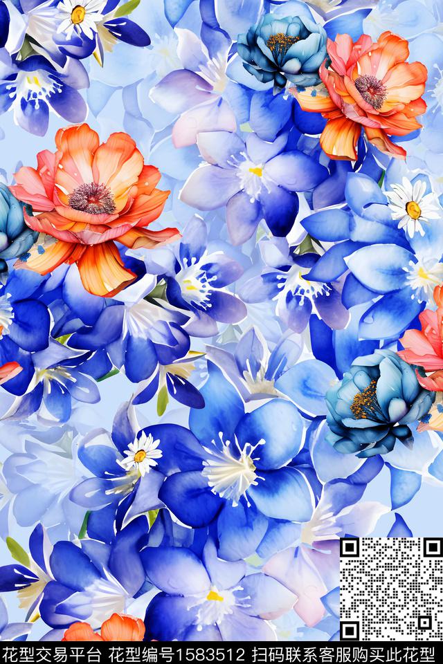 水彩花卉小清新影花数码印花花型下载（图片编号: 1583512） - 瓦栏（Walan）