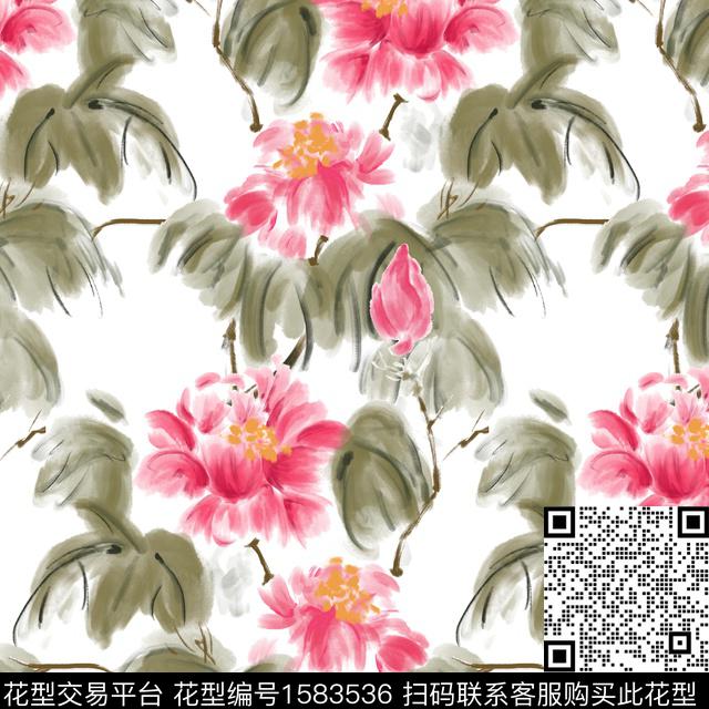 牡丹手绘花卉淡雅风数码印花花型下载（图片编号: 1583536） - 瓦栏（Walan）
