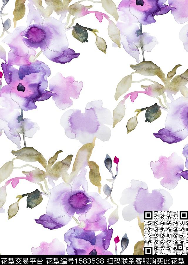 水彩花卉紫色花淡雅风数码印花花型下载（图片编号: 1583538） - 瓦栏（Walan）