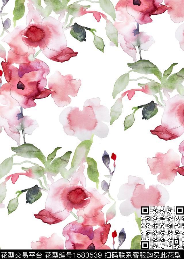 水彩花卉紫色花淡雅风数码印花花型下载（图片编号: 1583539） - 瓦栏（Walan）