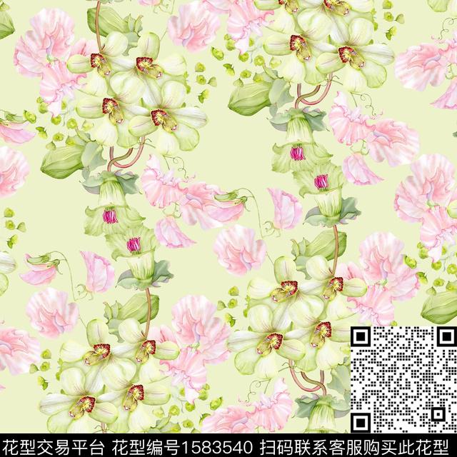 蝴蝶兰水彩花卉淡雅风数码印花花型下载（图片编号: 1583540） - 瓦栏（Walan）