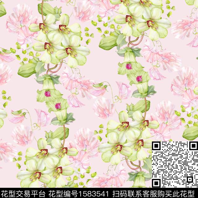蝴蝶兰水彩花卉淡雅风数码印花花型下载（图片编号: 1583541） - 瓦栏（Walan）