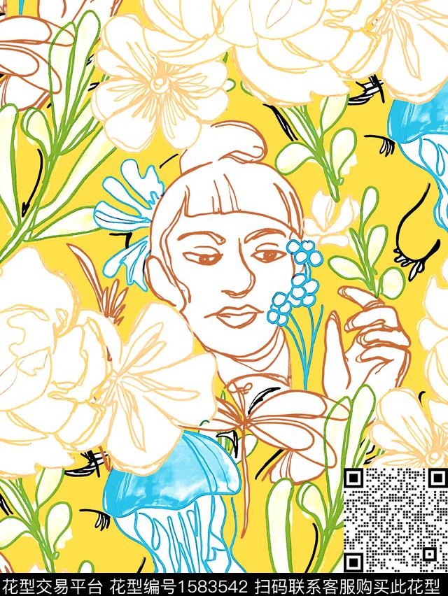 趣味线条画黄色系数码印花花型下载（图片编号: 1583542） - 瓦栏（Walan）