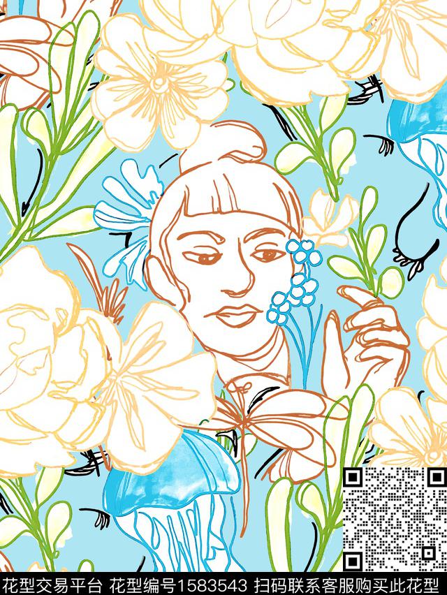 趣味线条画黄色系数码印花花型下载（图片编号: 1583543） - 瓦栏（Walan）