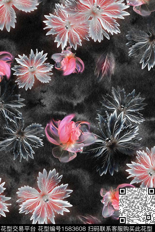 风格化花卉花卉水墨肌理数码印花花型下载（图片编号: 1583608） - 瓦栏（Walan）