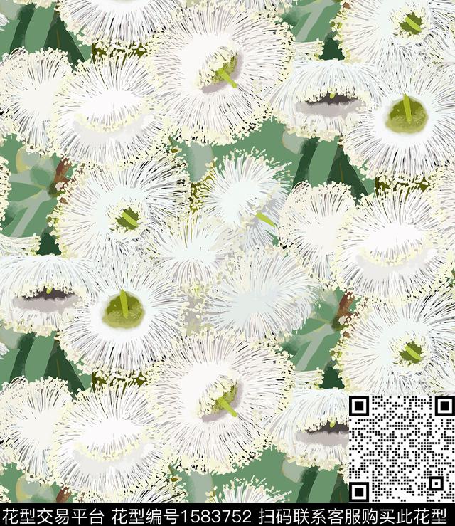手绘花卉绿色系绒花数码印花花型下载（图片编号: 1583752） - 瓦栏（Walan）