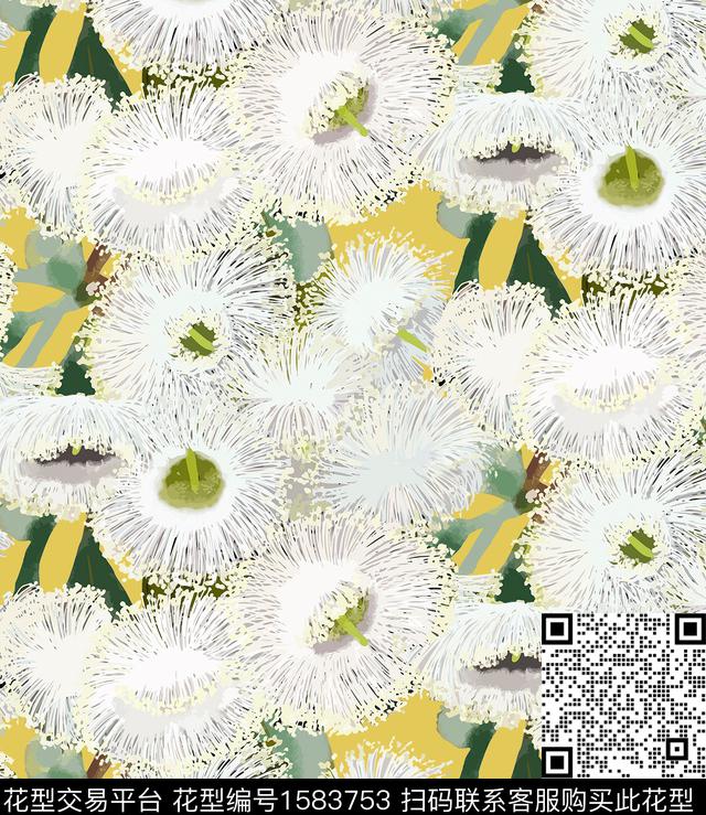 手绘花卉绿色系绒花数码印花花型下载（图片编号: 1583753） - 瓦栏（Walan）
