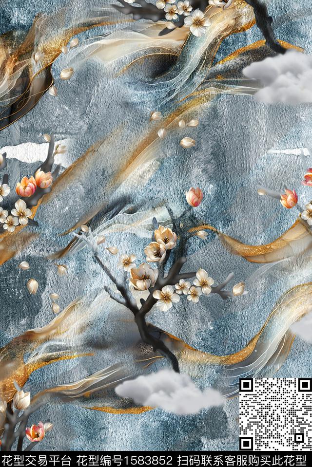 花卉树木水墨肌理数码印花花型下载（图片编号: 1583852） - 瓦栏（Walan）