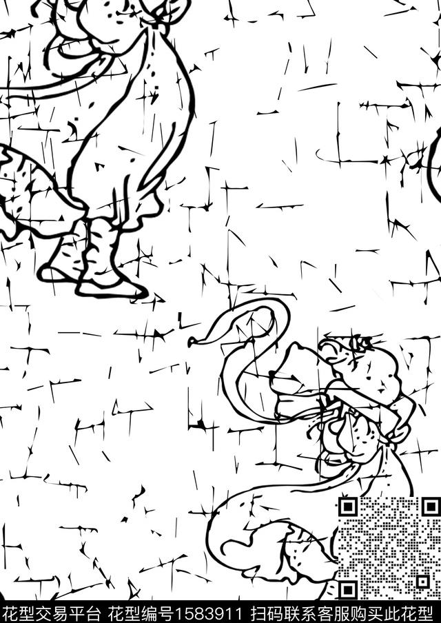 黑白抽象人物数码印花花型下载（图片编号: 1583911） - 瓦栏（Walan）