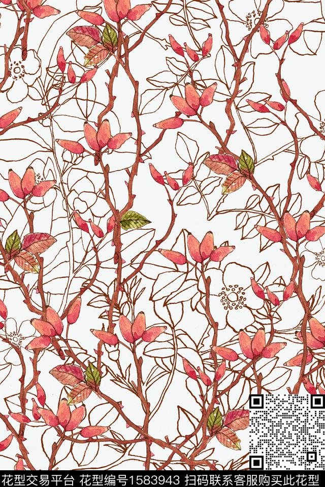 花卉水彩花卉枝条花数码印花花型下载（图片编号: 1583943） - 瓦栏（Walan）