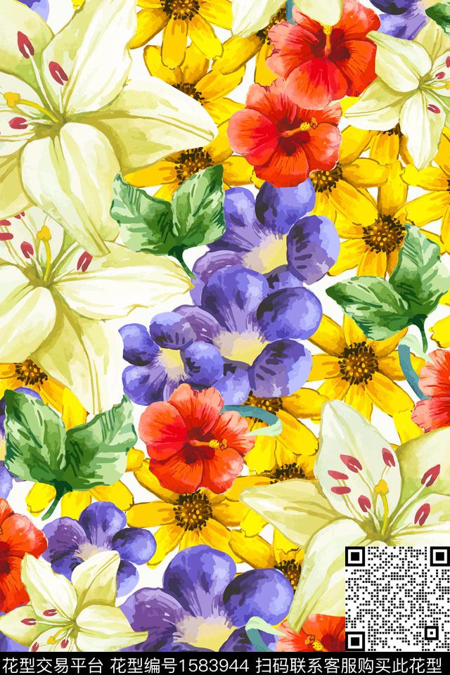 花卉水彩花卉满版散花数码印花花型下载（图片编号: 1583944） - 瓦栏（Walan）