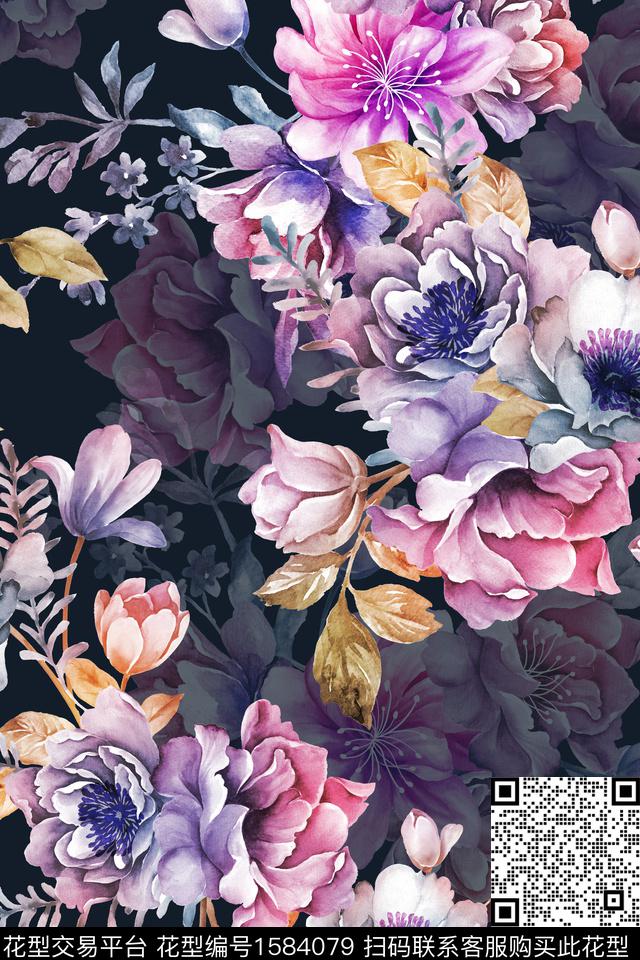 花卉水彩花卉影花数码印花花型下载（图片编号: 1584079） - 瓦栏（Walan）