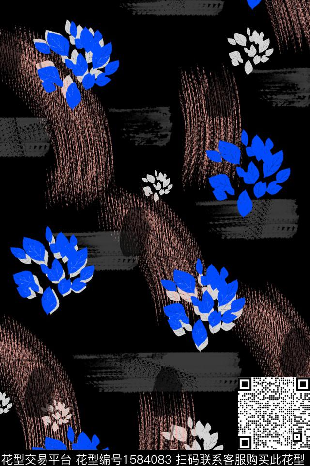 叶子黑底笔触数码印花花型下载（图片编号: 1584083） - 瓦栏（Walan）
