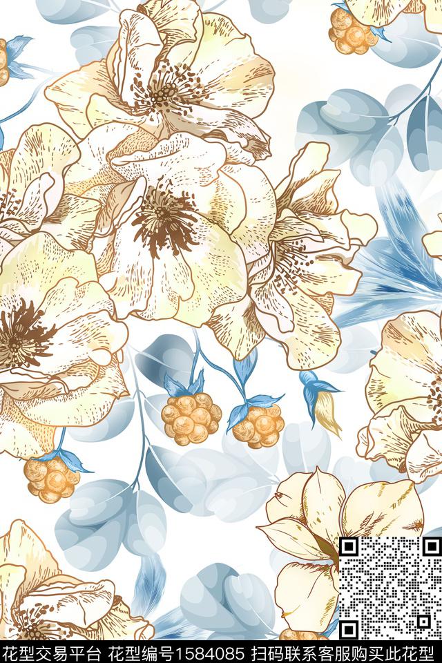 大花春夏花型花卉数码印花花型下载（图片编号: 1584085） - 瓦栏（Walan）