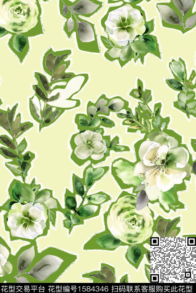 花卉水彩花卉手绘描边数码印花花型下载（图片编号: 1584346） - 瓦栏（Walan）