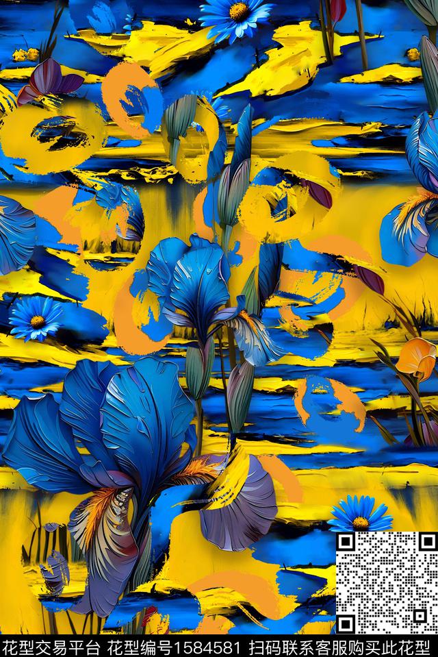 花卉混合拼接油画笔触数码印花花型下载（图片编号: 1584581） - 瓦栏（Walan）