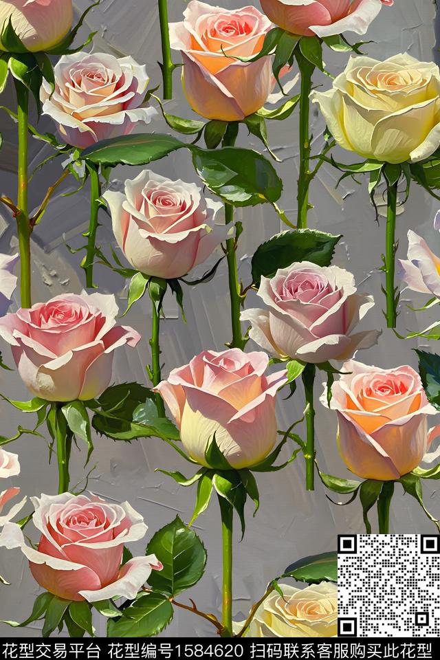 油画花型花卉玫瑰数码印花花型下载（图片编号: 1584620） - 瓦栏（Walan）