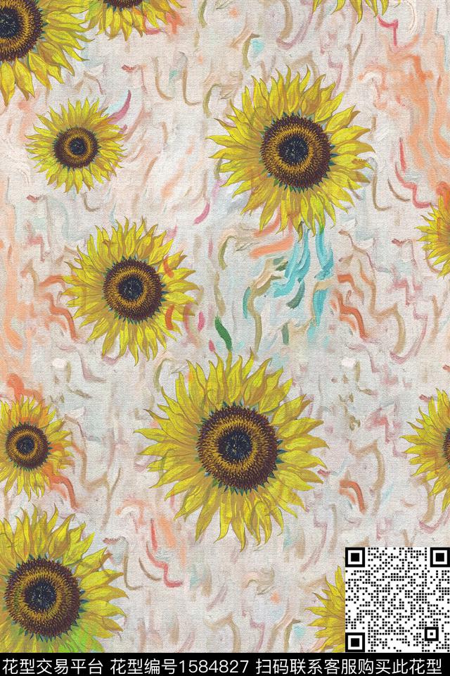向日葵底纹花卉数码印花花型下载（图片编号: 1584827） - 瓦栏（Walan）