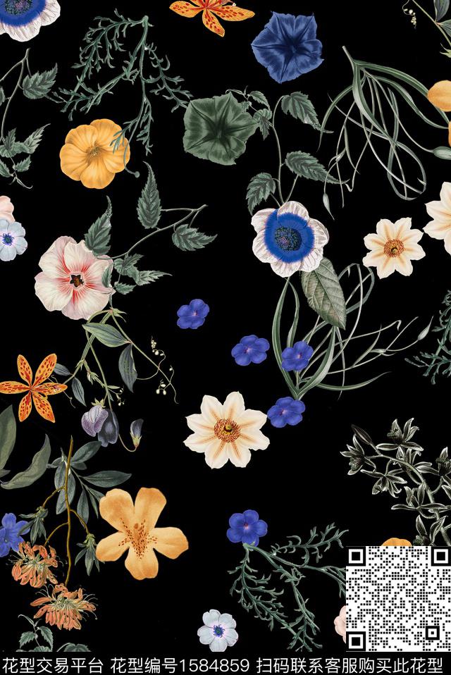 花卉满版散花复古数码印花花型下载（图片编号: 1584859） - 瓦栏（Walan）