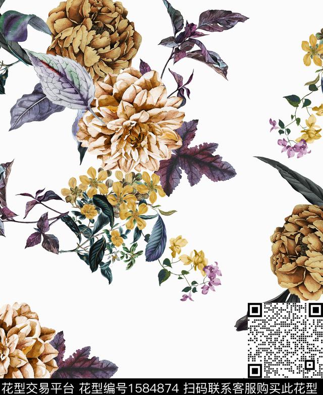 花卉复古白底花数码印花花型下载（图片编号: 1584874） - 瓦栏（Walan）