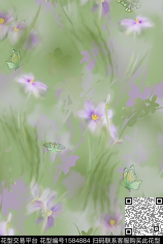 花卉蝴蝶模糊数码印花花型下载（图片编号: 1584884） - 瓦栏（Walan）