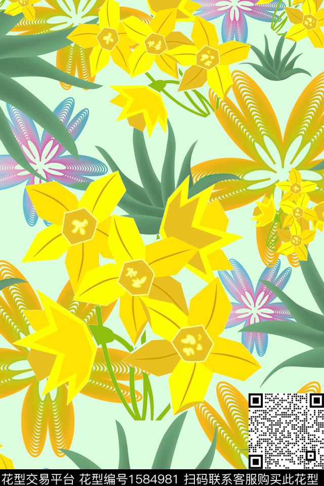 植物花卉抽象花卉数码印花花型下载（图片编号: 1584981） - 瓦栏（Walan）
