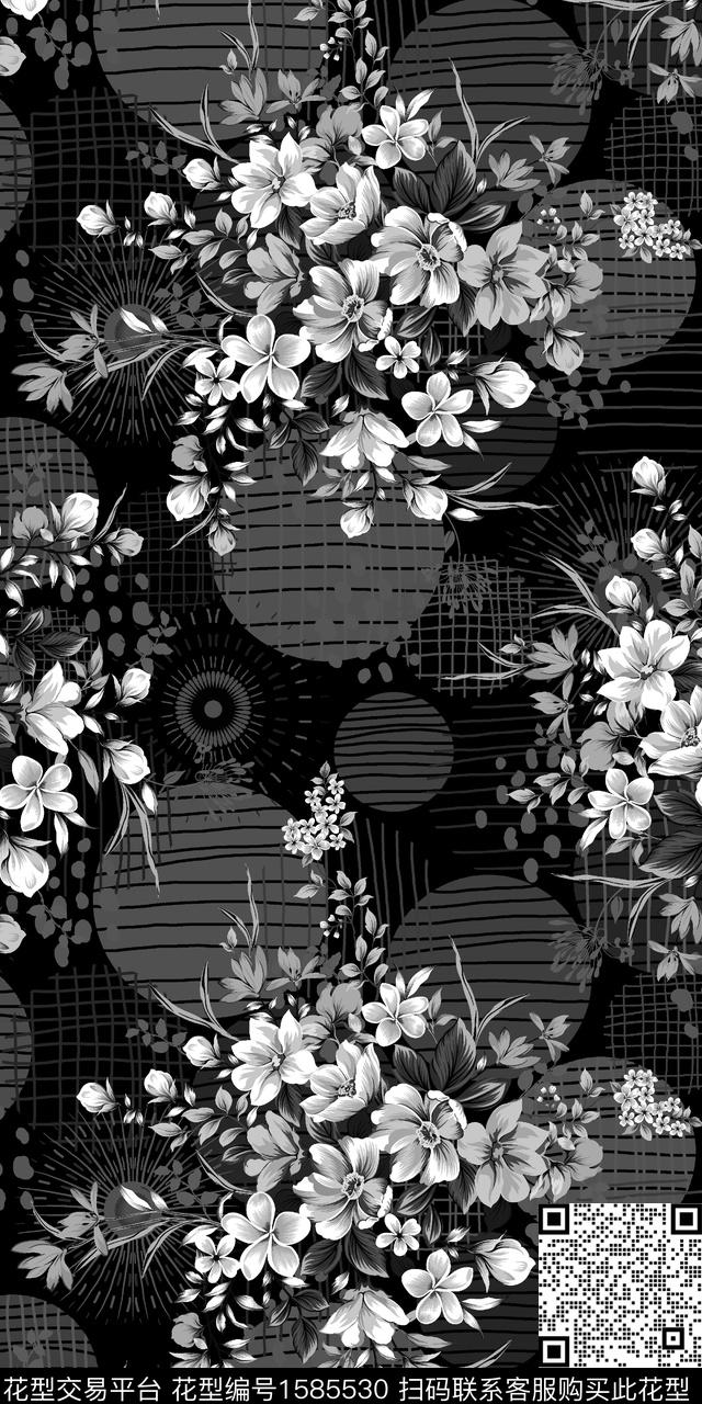 黑白花型花卉几何数码印花花型下载（图片编号: 1585530） - 瓦栏（Walan）