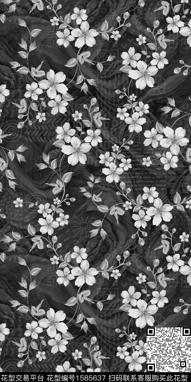黑白花型花卉底纹数码印花花型下载（图片编号: 1585637） - 瓦栏（Walan）
