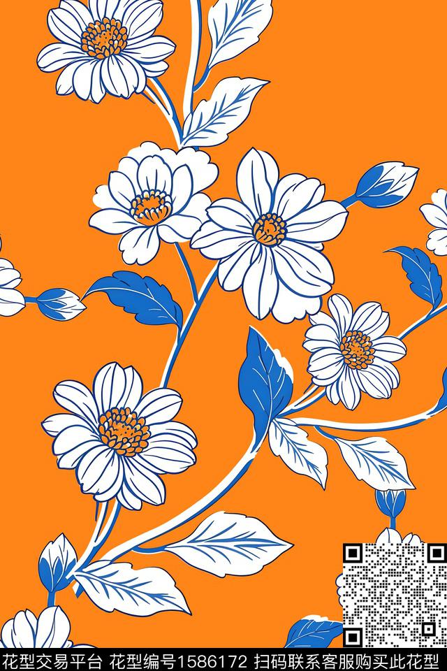 清爽底花卉大花枝条花数码印花花型下载（图片编号: 1586172） - 瓦栏（Walan）