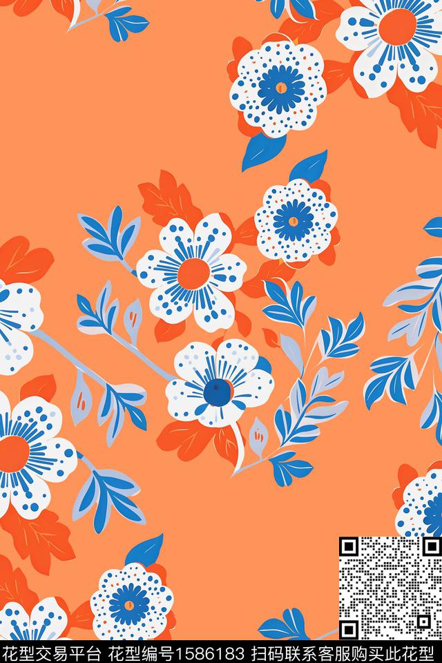 清爽底花卉花卉数码印花花型下载（图片编号: 1586183） - 瓦栏（Walan）