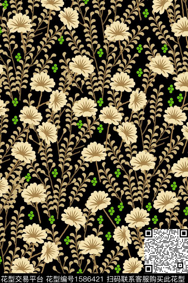 满版散花手绘花卉传统印花花型下载（图片编号: 1586421） - 瓦栏（Walan）