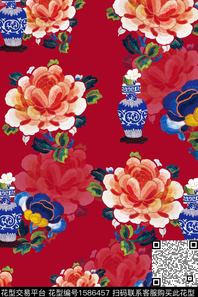 绣花花型花卉青花瓷数码印花花型下载（图片编号: 1586457） - 瓦栏（Walan）
