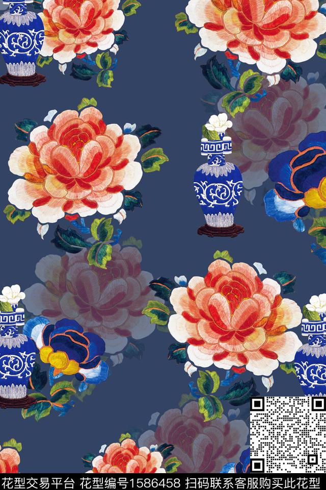 绣花花型花卉青花瓷数码印花花型下载（图片编号: 1586458） - 瓦栏（Walan）