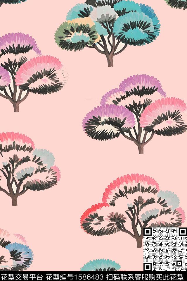 水彩树数码印花花型下载（图片编号: 1586483） - 瓦栏（Walan）