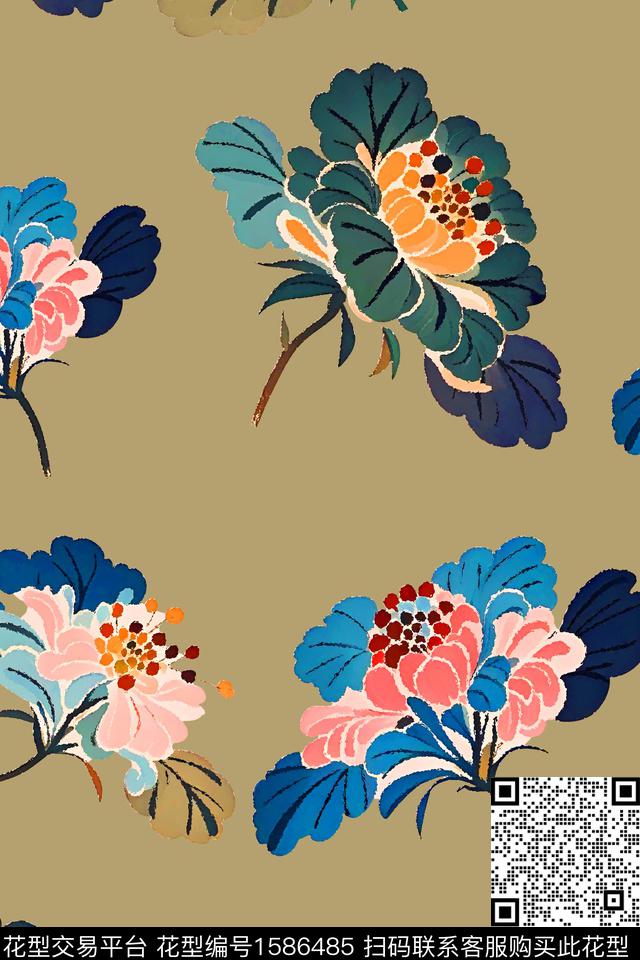 花卉大花中国风数码印花花型下载（图片编号: 1586485） - 瓦栏（Walan）