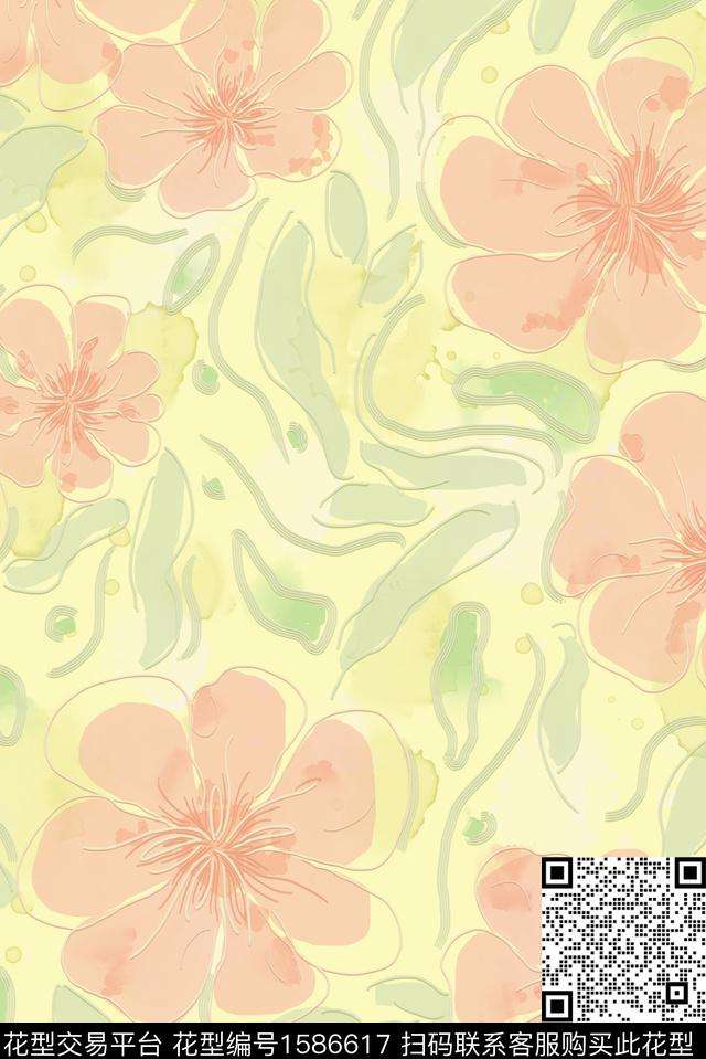 花卉线条水彩数码印花花型下载（图片编号: 1586617） - 瓦栏（Walan）