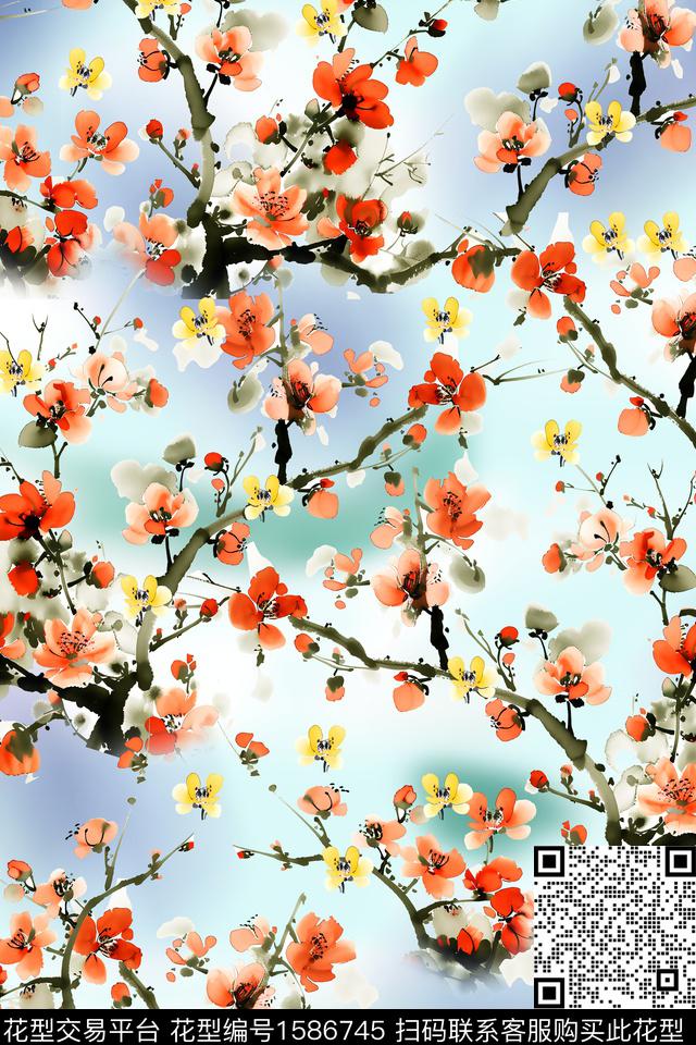 中国风满版散花数码花型数码印花花型下载（图片编号: 1586745） - 瓦栏（Walan）
